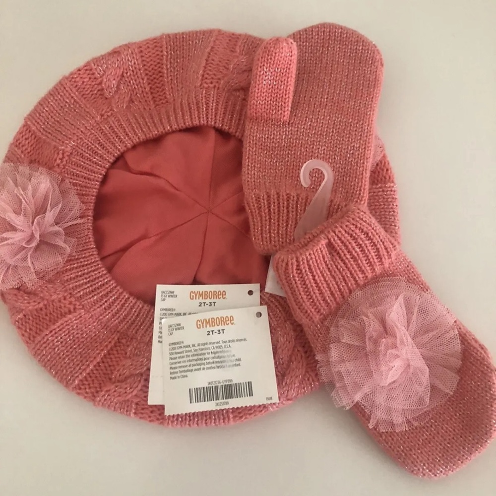 NWT Gymboree Girls Snowflake Glamour Rosette Sweater Beret & Mittens Pink 2T3T